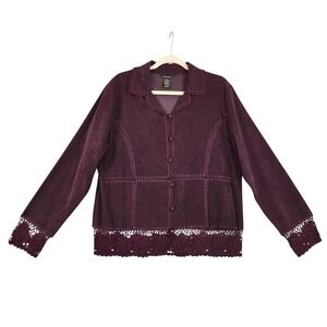 T & Company Womens Vintage Faux Suede Crochet Lace Trim Jacket Size XL Aubergine